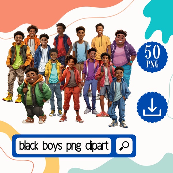 Black Boys Clipart Bundle. 50 Afircan American Black Boys PNG . Black Teen Boys PNG Digital Download