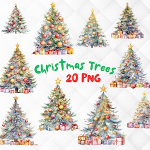 Clipart de árvore de Natal em aquarela. 20 PNG Árvores decoradas de Natal e Ano Novo. Árvores de Natal para Impressão e Sublimação Digital Download