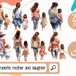 Brunette Mother and Daughter Clipart Bundle PNG. Brunette Mom and Girl Mothers Day Clipart. Mom Birthday Clipart