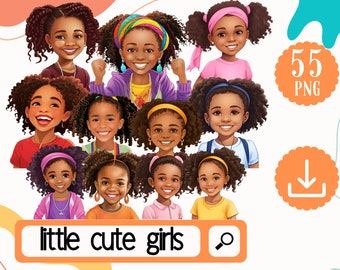 Cute Little Black Girls Clipart Bundle. 55 Afro Girl PNG. African American Girls png. Black Girl png - Commercial Use