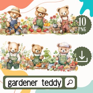 Oso de peluche jardinero, clipart PNG. Oso de peluche de acuarela, clipart de jardinería. Paquete de 10 osos de peluche jardineros, descarga digital por sublimación.