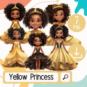 黄色のドレスを着たかわいい黒人プリンセスの女の子のクリップアートセット。アフリカ系アメリカ人のプリンセス 14 名。かわいい黒人の女の子のクリップアート デジタル ダウンロード バンドル