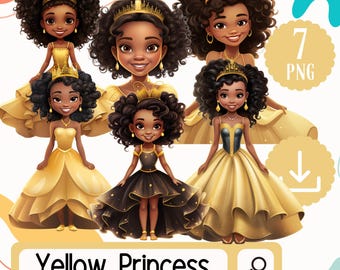 Yellow Dress Pretty Black Princess Girls Clipart Set. 14 African American Princess. Cute Black Girls Clipart Digital Download Bundle