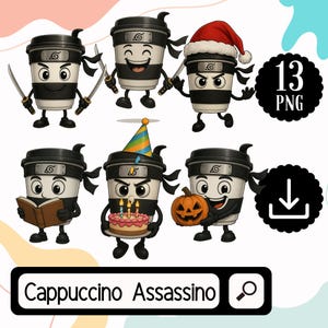 Puede incluir: Una colección de personajes de tazas de café de dibujos animados, cada uno con un diseño único. Algunas tazas sostienen espadas, usan un gorro de Papá Noel, un gorro de fiesta o una calabaza. El texto "Cappuccino Assassino" está en la parte inferior.
