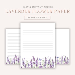 Druckbares liniertes Papier mit Lavendel. Schönes Lavendel Blumen Briefpapier, digitaler Download PDF, Briefpapier. Papier das Begeistert