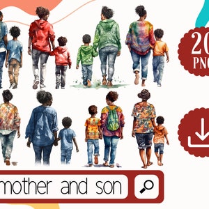 Acuarela Madre Negra y su Hijo Clipart PNG, Madre Negra y Niño desde Detrás Clipart, 20 Madre Hijo Paquete Día de las Madres