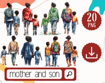 Watercolor Black Mother and her Son Clipart PNG, Black Mother and Boy from Behind Clipart, 20 Mother Son Bundle Mothers Day