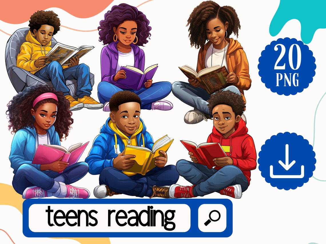 Black Teens Reading. 20 Black Kids With Books Clipart. African American