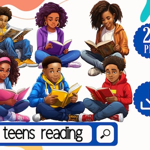 Schwarze Jugendliche beim Lesen. 20 schwarze Kinder mit Büchern Clipart. Afroamerikanische Jungen und Mädchen lesen Bücherwurm png