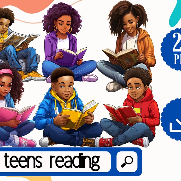 Black Teens Reading. 20 Black kids with Books Clipart. African American Boys and Girls reading Bookworm png