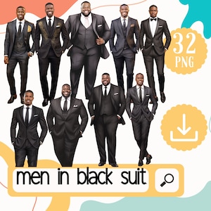 Classy Black Men in black suit Clipart. 32 African American Men in suit Fashion PNG. Black Man wearing Suit png. Plus size male clipart.