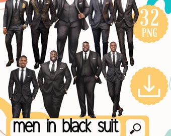 Classy Black Men in black suit Clipart. 32 African American Men in suit Fashion PNG. Black Man wearing Suit png. Plus size male clipart.