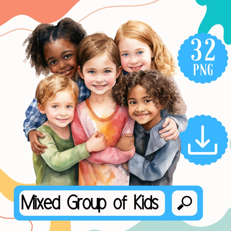 Group of Mixed School Kids Clipart PNG Bundle. 32 Watercolor Mixed Back ...