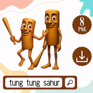 May include: Two cartoon characters made of wood, one holding a baseball bat and the other waving. The characters have smiling faces and are standing on a light background. The text "tung tung sahur" is displayed in a white box.