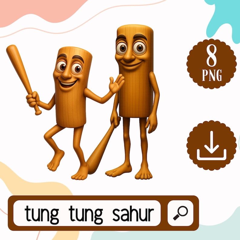 May include: Two cartoon characters made of wood, one holding a baseball bat and the other waving. The characters have smiling faces and are standing on a light background. The text "tung tung sahur" is displayed in a white box.