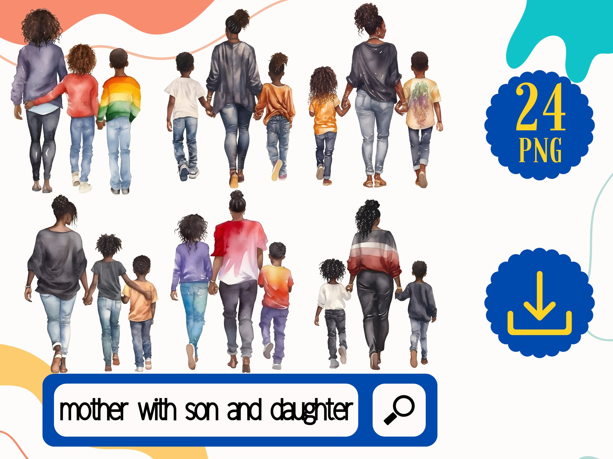 Mothers Day Black Mother and Kids Clipart PNG. 24 Mother and girl boy Clipart. Black women and girls Clipart. Mother and son daughter bundle