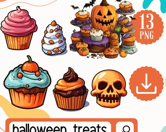 Cute Halloween Treats Clipart Set. 13 PNG Cute Halloween Graphics Digital Download. Halloween Candy, Pumpkin, Cupcake Clipart
