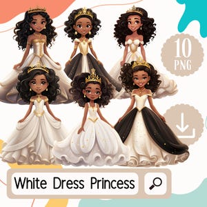 白いドレスを着たかわいい黒人プリンセスの女の子のクリップアートセット。アフリカ系アメリカ人のプリンセス 10 名。かわいい黒人の女の子のクリップアート デジタル ダウンロード バンドル