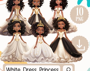 White Dress Pretty Black Princess Girls Clipart Set. 10 African American Princess. Cute Black Girls Clipart Digital Download Bundle