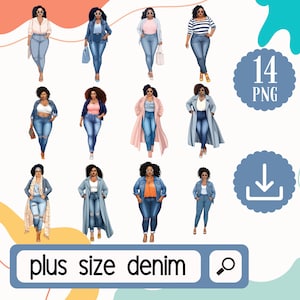 ファッション クリップアート デニムをはいた黒人女性。22 PNG 美しい曲線美のアフリカ系アメリカ人女性、ブルー ジーンズをはいた姿。デジタル ダウンロード