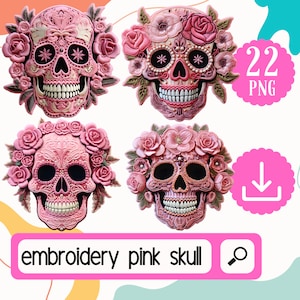 Stickerei Schädel rosa Clipart - 22 rosa Schädel PNG - Day of Dead Schädel - Halloween Schädel Clipart - digitaler Download