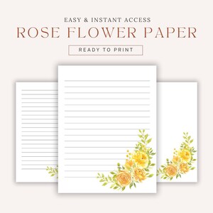 Druckbares gezeichnetes Papier mit Rosen. Schönes gelbes Rosen Blumen Briefpapier, digitaler Download PDF. Papier das Begeistert