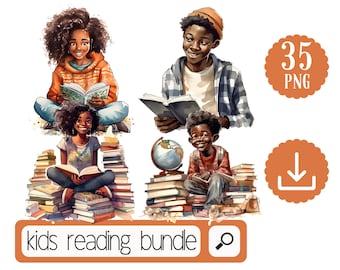 Watercolor Black Kids reading Books Clipart. 35 PNG Bookworm Black Girl and Boy Bundle