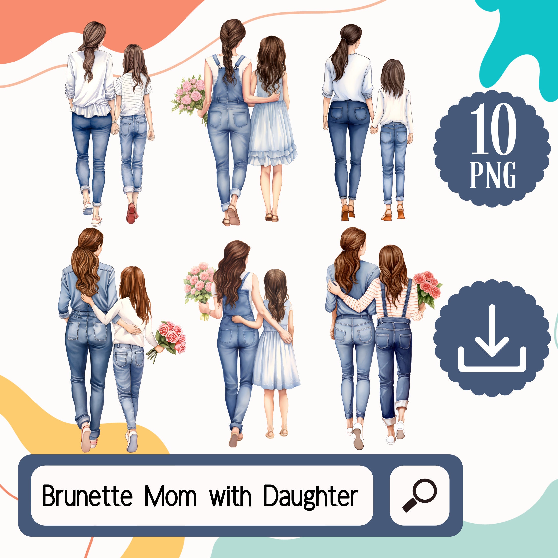 Brunette Mother and Daughter Clipart. 10 PNG Brunette Mom and Girl Mothers Day Clipart. Mom Birthday Clipart