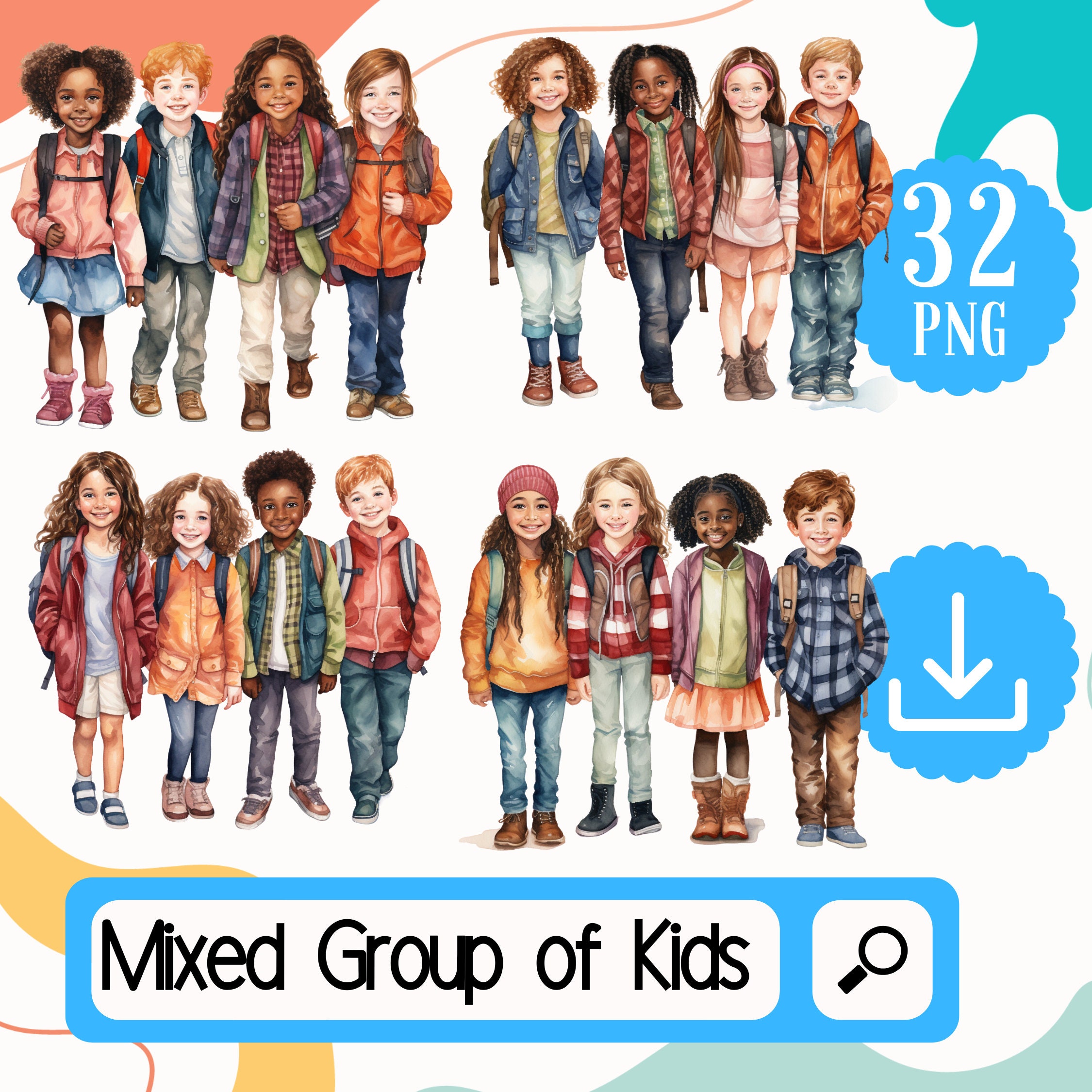 Group of Mixed School Kids Clipart PNG Bundle. 32 Watercolor Mixed Back ...
