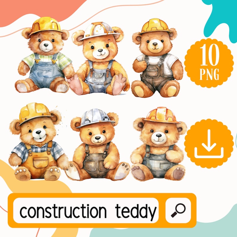 Construction Teddy Bear Clipart PNG. Watercolor Teddy Bear Construction ...