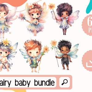 Paquete de imágenes prediseñadas de bebé de hadas, paquete PNG de hadas de acuarela. 60 hermosas y pacíficas hadas infantiles infantiles. Descarga digital multirracial Fairy Kid