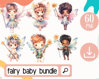 Fairy Baby Clipart Bundle, Watercolor Fairy PNG Bundle. 60 Beautiful and Peaceful Fairy Nursery Kids. Multiracial Fairy Kid Digital Download