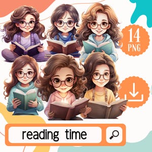 Mädchen lesen Bücher Clipart. 14 PNG Bücherwurm Süße Mädchen png.  Mädchen png Digitaler Download