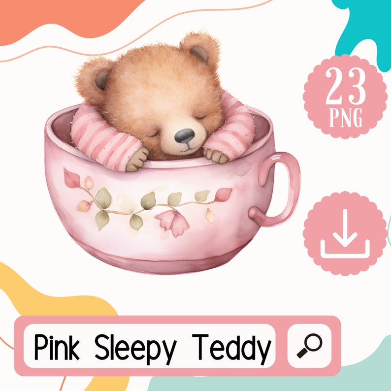 Watercolor Pink Sleepy Teddy Bear Set. 17 PNG Pink Teddy Bear Girls ...