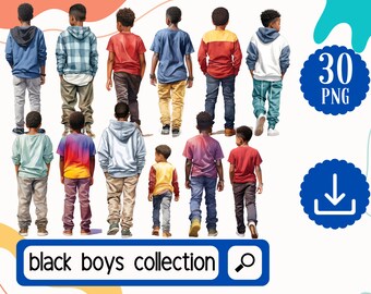 Collection of Black Boys Clipart - 30 African American Boys PNG - Instant Digital Download - Fun Illustrations