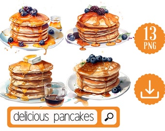 Pancake Clipart PNG, 13 Pancake with Syrup PNG Clipart Bundle Digital Download, Breakfast Pancake Clipart PNG Bundle. Watercolor Pancakes