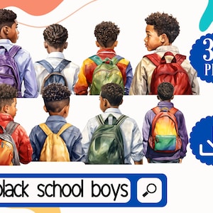 Zwarte schooljongens clipart. 30 Afro-Amerikaanse schooljongens png-bundel. Terug naar school clipart. Zwarte kinderen onderwijs clipart.