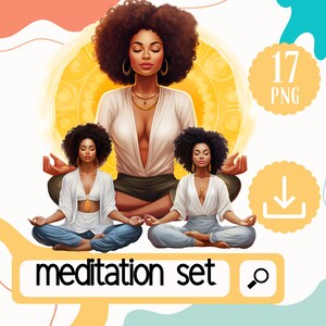 May include: A set of three digital illustrations of women meditating in a yoga pose. The women have dark skin and are wearing white shirts and blue trousers. The background is a yellow mandala pattern.