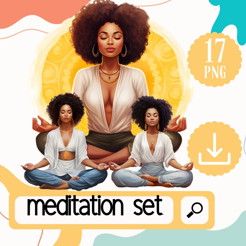May include: A set of three digital illustrations of women meditating in a yoga pose. The women have dark skin and are wearing white shirts and blue trousers. The background is a yellow mandala pattern.