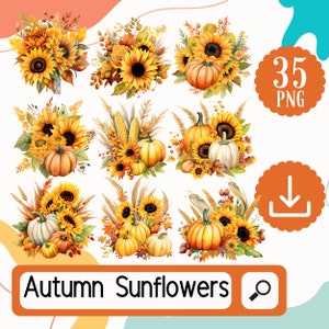 Autumn Sunflower Clipart. 35 Fall Watercolor Sunflower PNG Set, Scrapbook, Paper Craft, Card Making, Junk Journal, Digital Download Bundle