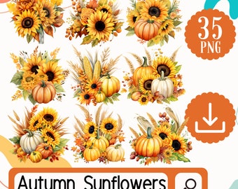 Autumn Sunflower Clipart. 35 Fall Watercolor Sunflower PNG Set, Scrapbook, Paper Craft, Card Making, Junk Journal, Digital Download Bundle