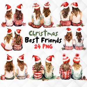 Clipart de melhores amigos de Natal em aquarela. 24 Melhores Amigos de Natal PNG. Duo de melhores amigas. Bestie girls clipart Criação de cartão de download digital