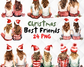 May include: A set of 24 digital illustrations of best friends wearing Christmas hats. The illustrations are in a watercolor style and feature girls with long brown hair wearing red and white striped shirts, red and white plaid shirts, white shirts, green and white striped shirts, and red and white plaid shirts. The illustrations are perfect for creating Christmas cards, invitations, or other festive projects.
