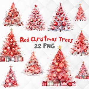 Watercolor Red Christmas Tree Clipart. 22 PNG Decorated Christmas New Year Trees. Christmas trees for Print and Sublimation Digital Download