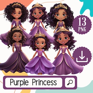 紫色のドレスを着たかわいい黒人プリンセスの女の子のクリップアートセット。アフリカ系アメリカ人のプリンセス 13 名。かわいい黒人の女の子のクリップアート デジタル ダウンロード バンドル