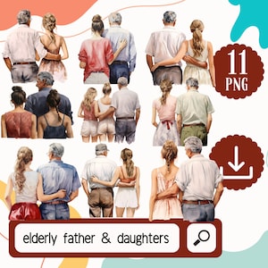Acquerello Padre anziano e sua figlia, Clipart per la festa del papà - 11 PNG Padre da dietro, Set padre figlia