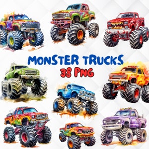 Aquarell Monster Truck Clipart. 38 Monstertruck PNG. Monster Trucks für Druck und Sublimation Digital Download
