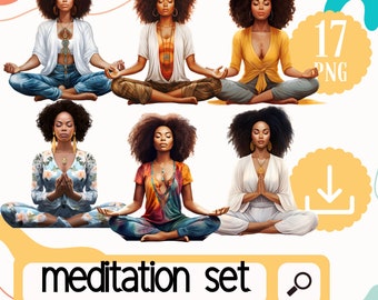 Black Women Meditation Clipart Set. 17 African American Women Meditating PNG. Black Girl Self Love Clipart, Yoga Clipart