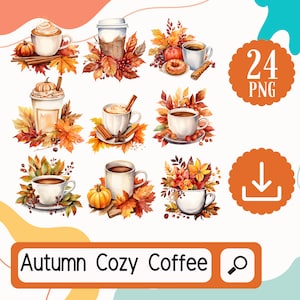 Herbstliche Kaffeekollektion. 24 Herbst Gemütlicher Kaffee PNG Set, Komfort Kaffee Clipart Set, Scrapbooking Clipart, Papier Handwerk, Kartenherstellung