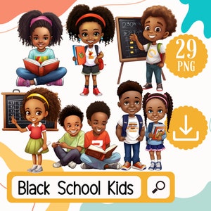 Set di clipart per attività scolastiche per bambini neri - 29 PNG Studenti neri in classe - Bambini afroamericani Ritorno a scuola in classe - Tema scolastico